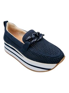 NYDJ Fern Navy Suede Perforated Platform Loafer with Chain Accent - Women 7.5